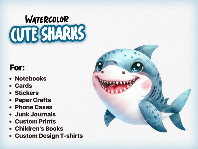 Puede incluir: Ilustraci&oacute;n de acuarela de un lindo tibur&oacute;n azul y blanco con una gran sonrisa. El tibur&oacute;n es perfecto para usar en cuadernos, tarjetas, pegatinas, manualidades de papel, fundas de tel&eacute;fono, diarios de chatarra, impresiones personalizadas, libros para ni&ntilde;os y camisetas de dise&ntilde;o personalizado.