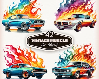 Muscle Car Clipart, Vintage Muscle Car Pack, Retro Car PNG, Vintage Car Clipart, Car Lover Image, Classic American Cars, Vintage Car Print