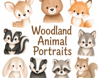Watercolor Woodland Portraits Clipart, Cute Animals Clipart, Baby Animals, Baby Shower Clipart, Woodland Nursery, Forest Animals, Animal PNG