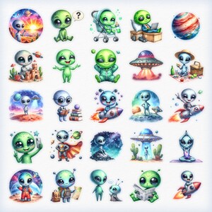 Puede incluir: Un conjunto de 25 ilustraciones coloridas con adorables extraterrestres de dibujos animados en varias poses y escenarios. Los extraterrestres son verdes, azules y morados con ojos grandes y antenas. Se representan en escenas como volar en naves espaciales, montar cohetes, leer libros y tocar m&uacute;sica.