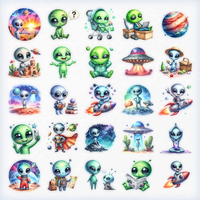 Puede incluir: Un conjunto de 25 ilustraciones coloridas con adorables extraterrestres de dibujos animados en varias poses y escenarios. Los extraterrestres son verdes, azules y morados con ojos grandes y antenas. Se representan en escenas como volar en naves espaciales, montar cohetes, leer libros y tocar m&uacute;sica.
