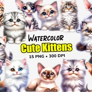 Watercolor Cute Kittens, Kitten PNG Clipart, Cat Clipart, 30 Watercolor Kittens, Cute Cat Clipart, Digital Download - Commercial Use