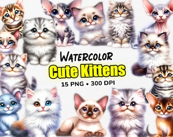 Watercolor Cute Kittens, Kitten PNG Clipart, Cat Clipart, 30 Watercolor Kittens, Cute Cat Clipart, Digital Download - Commercial Use
