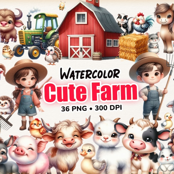 Cute Farm Animals, Farm Animals Clipart, Farm Clipart, Watercolor Clipart, Farm Animals PNG, Watercolor Cute Animals, Digital Download