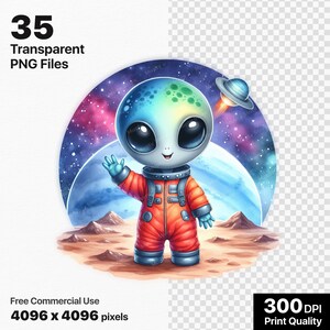 Puede incluir: Un astronauta extraterrestre de dibujos animados que lleva un traje espacial rojo con una cabeza azul y verde, haciendo un gesto de saludo con una sonrisa amistosa. El extraterrestre est&aacute; de pie en un planeta rojo con un planeta azul y estrellas en el fondo.