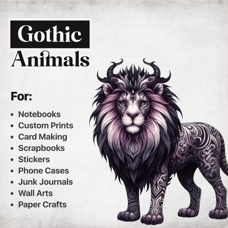 Pu&ograve; includere: Leone in stile gotico con pelliccia nera e viola e intricati motivi in ​​bianco e nero. Il leone ha le corna e un'espressione feroce. L'immagine &egrave; adatta per l'uso in scrapbooking, creazione di biglietti e altri progetti di artigianato.