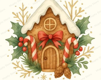 Paquete de imágenes prediseñadas de casitas de jengibre en acuarela, arte navideño (descarga digital)