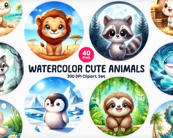 Watercolor Cute Animals, 40 Cute Animals Clipart, Watercolor Animals PNG, Baby Animals Clipart, Printable Animals, Cute Animal Bundle