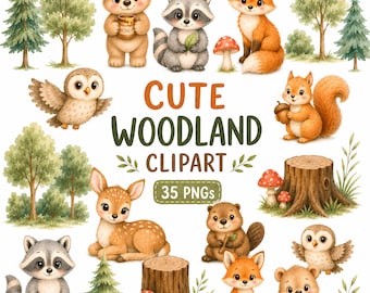 35 imágenes prediseñadas de animales del bosque adorables, animales bebés para guardería, animales del bosque en acuarela PNG, imágenes prediseñadas para baby shower, decoración de guardería, imágenes prediseñadas de animales
