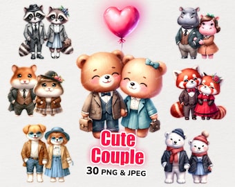 Cute Animals, Couple Animals, Watercolor Animal, Animals Clipart, Watercolor Animals, Cute Animal Clipart, Digital Download - Commercial Use