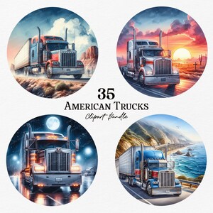 May include: A set of 35 clipart images featuring American trucks in various settings. The trucks are depicted in different colors and styles, with some featuring a sunset, a moonlit night, and a coastal landscape.