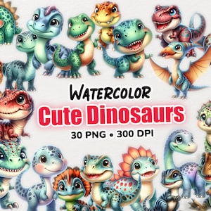 Aquarell Dinosaurier Clipart, 30 süße Dinosaurier Clipart, Dinosaurier-Kinderzimmer-Dekor, Dinosaurier-Babyparty, Dinosaurier Geburtstag, digitaler Dinosaurier