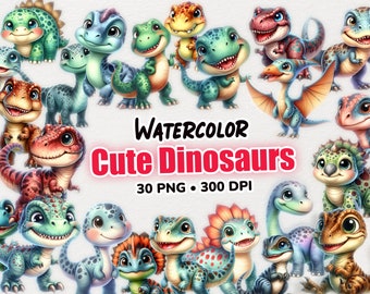 Watercolor Dinosaur Clipart, 30 Cute Dinosaurs Clipart, Dinosaur Nursery Decor, Dinosaur Baby Shower, Dinosaur birthday, digital dinosaur