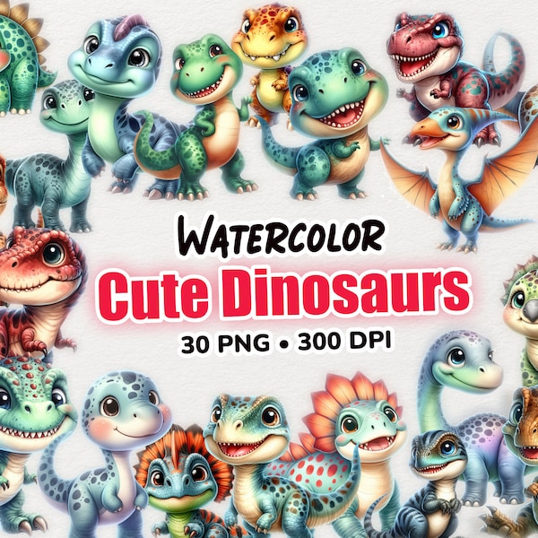 Watercolor Dinosaur Clipart, 30 Cute Dinosaurs Clipart, Dinosaur Nursery Decor, Dinosaur Baby Shower, Dinosaur birthday, digital dinosaur