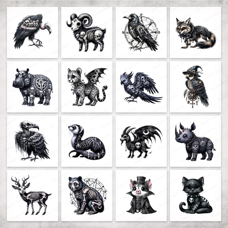 Pu&ograve; includere: Un set di 12 illustrazioni digitali che presentano vari animali con design gotici e scheletrici. Gli animali includono un ariete, un corvo, una volpe, un ippopotamo, un ghepardo, un pappagallo, un gufo, un furetto, un drago, un rinoceronte, un cervo, un orso, un maiale e un gatto.