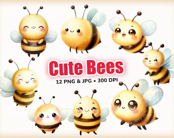 Imágenes prediseñadas de abejas lindas, imágenes prediseñadas de abejas en acuarela, imágenes PNG de abejas bebé, decoración de guardería de abejas, baby shower de abejas, cumpleaños de abejas, 12 imágenes PNG de abejas lindas, paquete