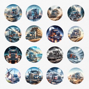 May include: A collage of 16 images featuring various semi-trucks in different settings. The trucks are depicted in a variety of colors, including red, blue, green, and white. Some trucks are hauling cargo, while others are driving on open roads. The images are arranged in a grid pattern.