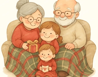 Clipart familiar navideño en acuarela, impresiones PNG navideñas (descarga digital)