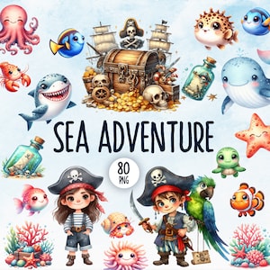 Bundle di clipart animali marini, clipart pirati, clipart vivaio nautico, clipart creature marine, animali dell’oceano acquerello, PNG subacqueo