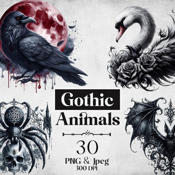 Gothic Animals, Gothic Clipart, 30 Gothic Animals, Gothic Decor, Gothic Junk Journal, Gothic Scrapbook, Gothic - Commercial Use