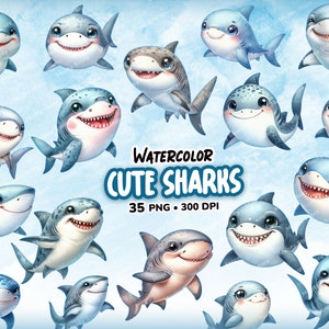 Watercolor Cute Shark Clipart, Shark PNG, Watercolor Sharks, Cute Baby Shark, Sea Creatures, Shark Printables, Digital Print, Commercial Use