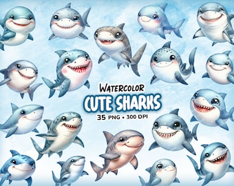 Watercolor Cute Shark Clipart, Shark PNG, Watercolor Sharks, Cute Baby Shark, Sea Creatures, Shark Printables, Digital Print, Commercial Use