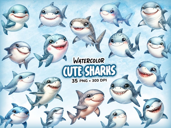 Watercolor Cute Shark Clipart, Shark PNG, Watercolor Sharks, Cute Baby Shark, Sea Creatures, Shark Printables, Digital Print, Commercial Use