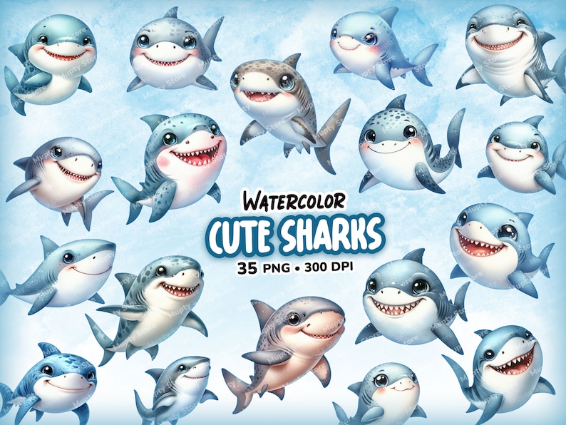 Puede incluir: Un conjunto de 35 ilustraciones de acuarela de tiburones de dibujos animados lindos en varias poses. Los tiburones est&aacute;n todos sonriendo y tienen ojos grandes. Las ilustraciones son perfectas para usar en scrapbooking digital, creaci&oacute;n de tarjetas y otros proyectos creativos.