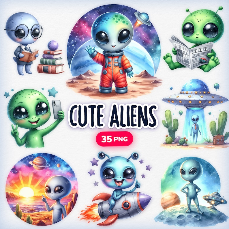 Puede incluir: Un conjunto de 35 ilustraciones digitales de extraterrestres adorables en varias poses y escenarios. Los extraterrestres son verdes, azules y morados con ojos grandes y expresiones amigables. Algunos llevan trajes espaciales, otros sostienen tel&eacute;fonos y uno incluso est&aacute; leyendo un peri&oacute;dico. Las ilustraciones son perfectas para agregar un toque de fantas&iacute;a a cualquier proyecto.
