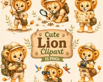 Cute Lion Clipart, Cute Animals Clipart, Baby Animals, Watercolor Lion Cub PNG, Baby Lion PNG, Safari Nursery, Commercial Use, Lion Clipart