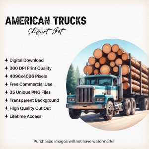 May include: A blue and white American semi-truck hauling a load of logs. The truck is driving on a paved road through a forest. The image is a digital illustration.
