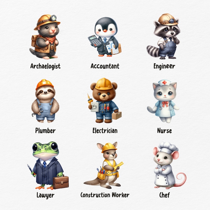 Professions Animals Cute Animals Occupations, Cute Animals Clipart, Watercolor Cute Animals ...