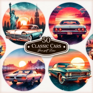 50 coches clásicos en la vista del atardecer, imágenes prediseñadas de coches clásicos, coches retro PNG, coches musculosos, coches antiguos, coches antiguos de los años 70 y 80, imágenes de amantes de los coches