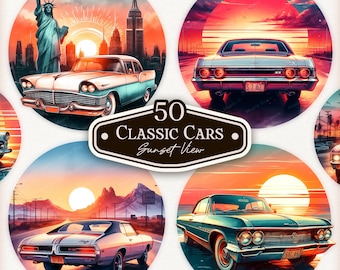 50 Classic Cars in the Sunset View, Classic Car Clipart, Retro Car PNG, Muscle Cars, Vintage Cars, Vintage 70's 80's Car, Car Lover Image