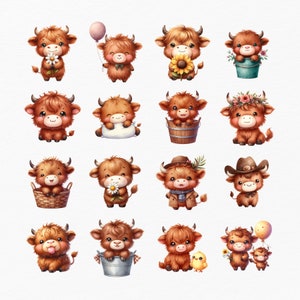 Söt höglandsko Clipart-paket, 50 baby höglandsko PNG, utskrivbara ko, babydjur Clipart, gårdsdjur png, akvarell höglandsko bild 4