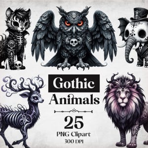 25 imágenes prediseñadas de animales góticos, imágenes prediseñadas góticas de acuarela, imágenes PNG de animales góticos, imágenes prediseñadas de brujería, animales celestiales, álbum de recortes gótico, imágenes PNG góticas
