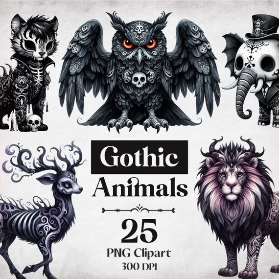 25 Gothic Animals Clipart, Watercolor Gothic Clip Art, Gothic Animal PNG, Witchcraft Clipart, Celestial Animal, Gothic Scrapbook, Gothic Png