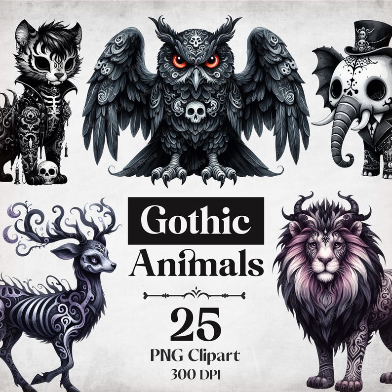 Pu&ograve; includere: Un set di 25 immagini clipart digitali che presentano animali gotici. Le immagini includono un gufo bianco e nero, un cervo bianco e nero, un elefante bianco e nero e un leone bianco e nero. Le immagini sono in stile gotico con dettagli e motivi intricati.