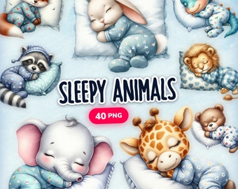 Imágenes prediseñadas de animales lindos soñolientos, animales lindos de acuarela, 40 animales bebés soñolientos PNG, imágenes prediseñadas de animales de guardería imprimibles, lindos animales bebés PNG