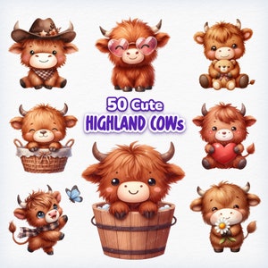 Süßes Highland Kuh Clipart Bundle, 50 Baby Highland Kuh PNG, bedruckbare Kuh, Baby Tiere Clipart, Bauernhof Tier png, Aquarell Highland Kuh