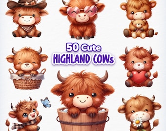 Schattige hooglandkoe clipartbundel, 50 baby hooglandkoe png, koe afdrukbare, baby dieren clipart, boerderijdieren png, aquarel hooglandkoe