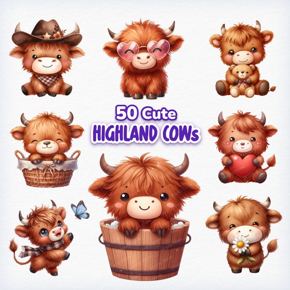 Cute Highland Cow Clipart Bundle, 50 Baby Highland Cow PNG, Cow Printable, Baby Animal Clipart, Farm Animal png, Watercolor Highland Cow