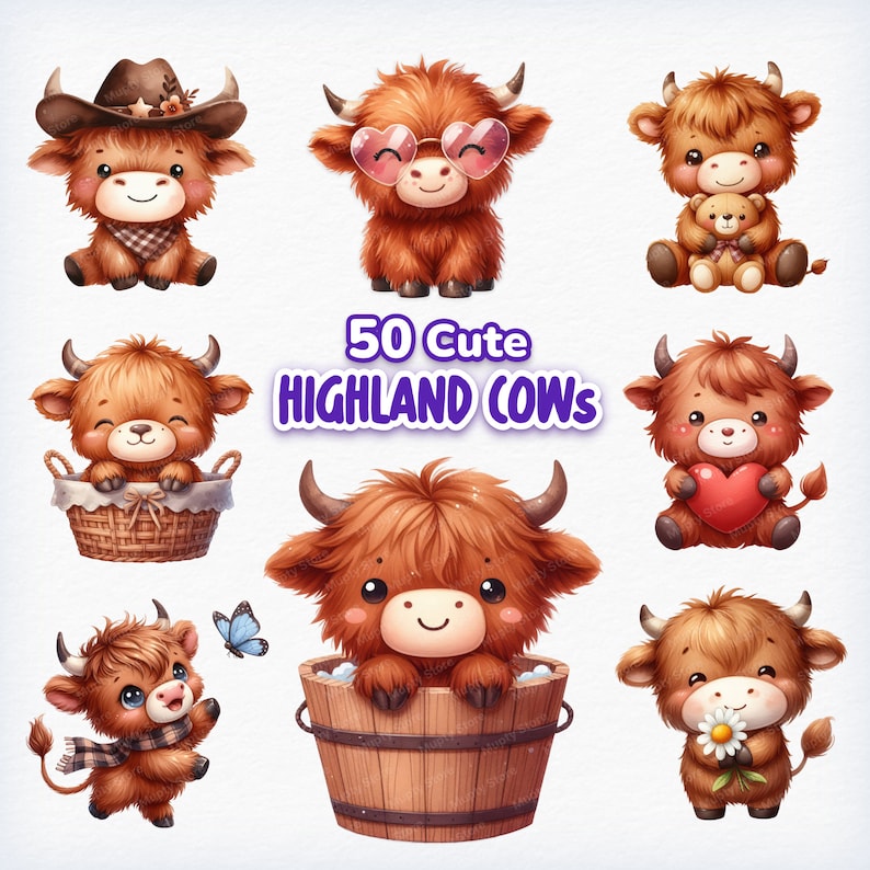Söt höglandsko Clipart-paket, 50 baby höglandsko PNG, utskrivbara ko, babydjur Clipart, gårdsdjur png, akvarell höglandsko bild 1