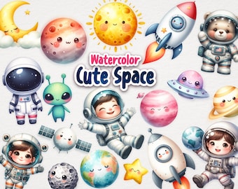 Clipart de espacio lindo en acuarela, diseño de baby shower espacial, clipart de guardería de astronautas, lindos astronautas png, clipart de cumpleaños espacial, planetas png
