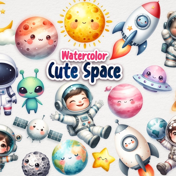 Watercolor Cute Space Clipart, Space baby shower design, Astronaut Nursery Clipart, Cute Astronauts png, Space Birthday Clipart, Planets png