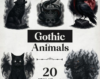 Gothic Animals Watercolor Clipart, Dark Fantasy PNG (Digital Download)