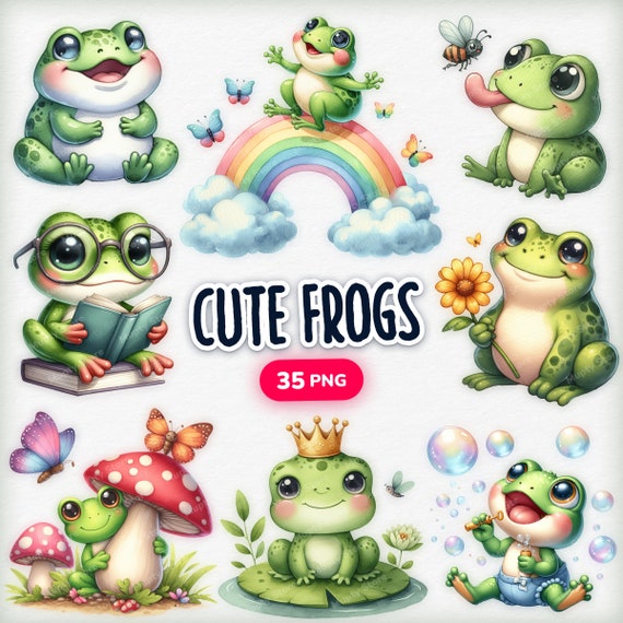 Watercolor Cute Frogs Clipart, 35 Frogs PNG, Watercolor Cute Animals, Printable Nursery Animals, Frog and Mushroom, Cute Baby Animals PNG