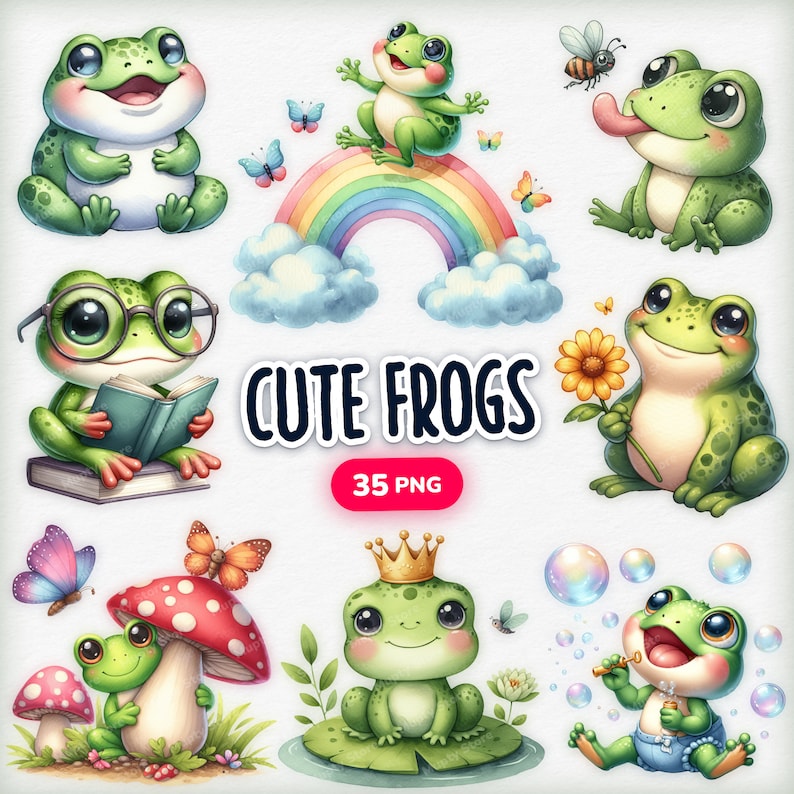 Op de afbeelding: Een set van 35 digitale illustraties van schattige kikkers in verschillende poses en omgevingen. De kikkers zijn groen met grote ogen en zijn afgebeeld in een cartoon-stijl. De illustraties bevatten kikkers met een bril, die boeken lezen, op waterlelies zitten, bellen blazen en meer. De illustraties zijn perfect voor gebruik in digitaal scrapbooken, kaart maken en andere creatieve projecten.