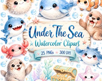 Imágenes prediseñadas de acuarela bajo el mar, paquete de PNG de animales marinos, PNG de animales oceánicos en acuarela, decoración infantil, lindas criaturas marinas, uso comercial
