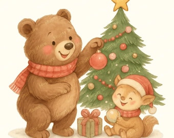 Clipart de animales navideños en acuarela, PNG festivo (descarga digital)